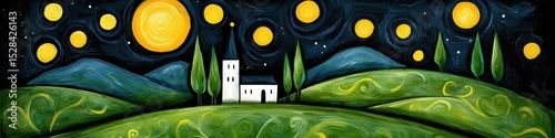 Nocturnal Landscape with Yellow Celestial Bodies and White House