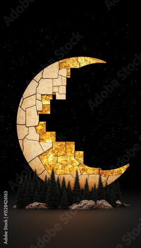 Pixelated Stone and Gold Mosaic Crescent Moon on Dark Forest Against Black Starry Sky