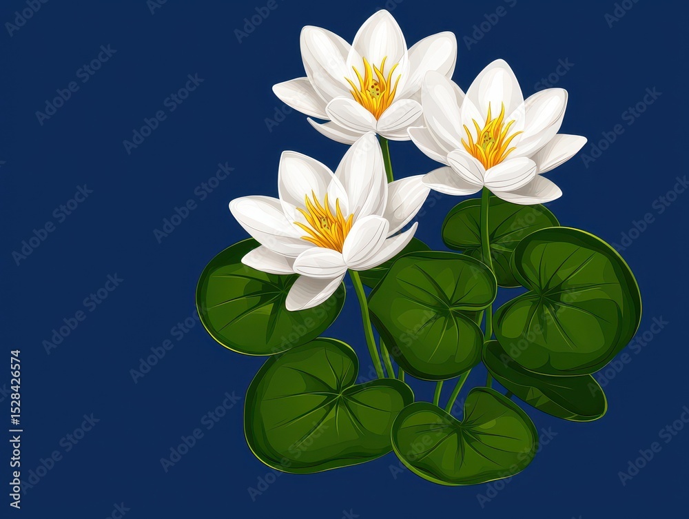 Fototapeta premium White Water Lilies and Green Leaves on Deep Blue