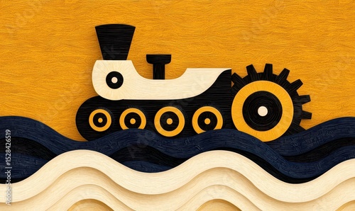 Vintage Steam Train Illustration on Wavy Tracks with Textured Golden Background