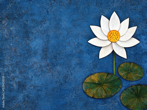 White Metal Lotus Flower on Textured Blue Background