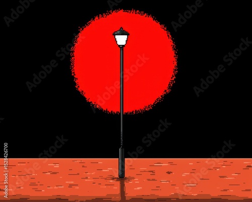 Pixel Art Lamppost Silhouette Against a Large Red Circle