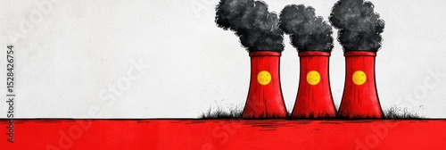 Red Smokestacks Emitting Black Smoke on Gray Textured Background