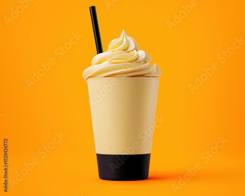 Studio Shot of Yellow Vanilla Milkshake with Black Straw on Orange Background