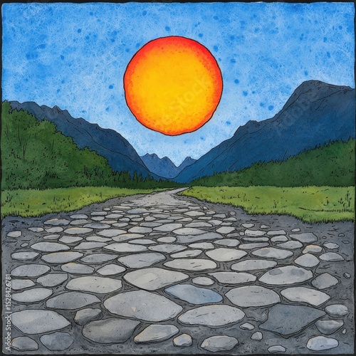Stone Road Leading to Mountain Valley Under Large Orange Sun