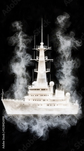 Detailed White Yacht Surrounded By Dust on Black Background Maritime Art