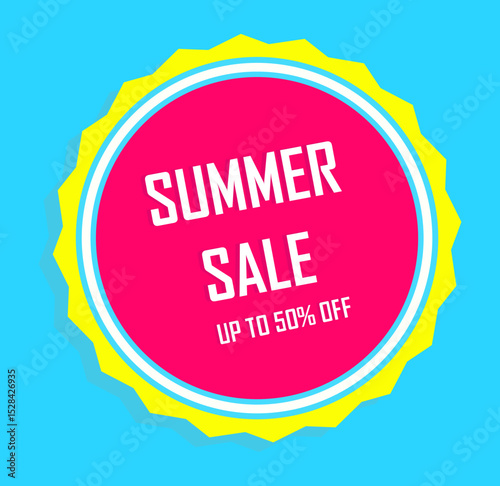 Bright colorful banner for summer sales with round sticker in 3D style and the inscription "Summer Sale. Up to 50% off"