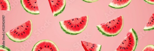 Vibrant watermelon slices arranged in a playful pattern on a pink background, perfect for summer-themed designs and fresh food concepts. photo