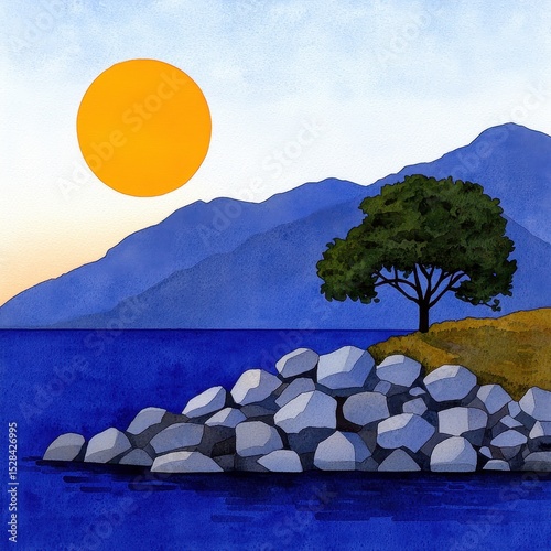 Serene Landscape Painting Orange Sun, Blue Mountains, Solitary Tree, Rocky Shoreline