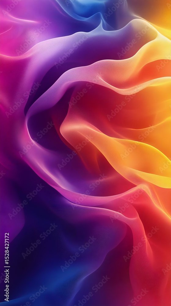 Obraz premium A vibrant swirl of colorful fabric, showcasing gradient hues of purple, pink, orange, and blue, creating a dynamic and flowing abstract background.