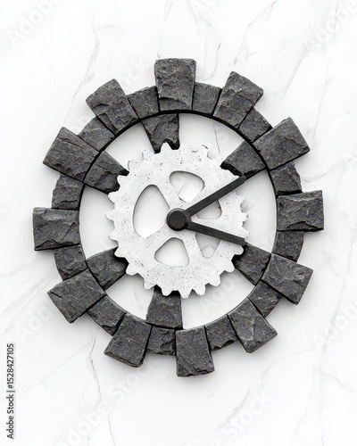 Conceptual Time Piece of Rough Gray Stones and Shiny Metal Gear on White Textured Surface