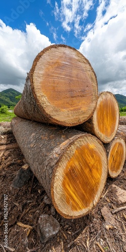 Close Up Of Stacked Timber Logs Revealing Golden Interiors Under Blue Sky