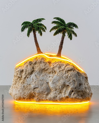 Miniature Island with Pixelated Palm Trees and Neon Lights
