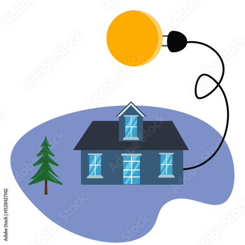 Sun plugged in with electrical cable to the house, free energy concept illustration