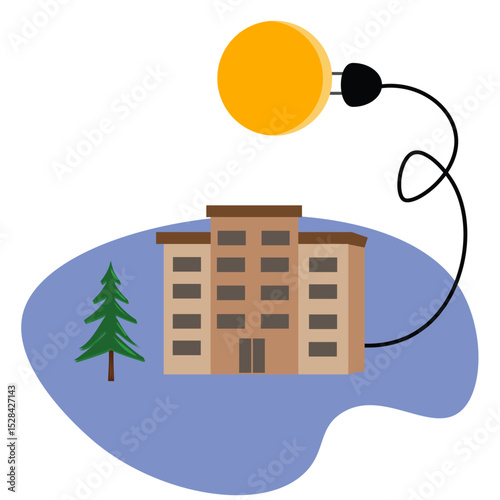 Sun plugged in with electrical cable to the house, free energy concept illustration