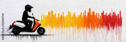 Person Riding Scooter Leaving Colorful Cityscape Trail