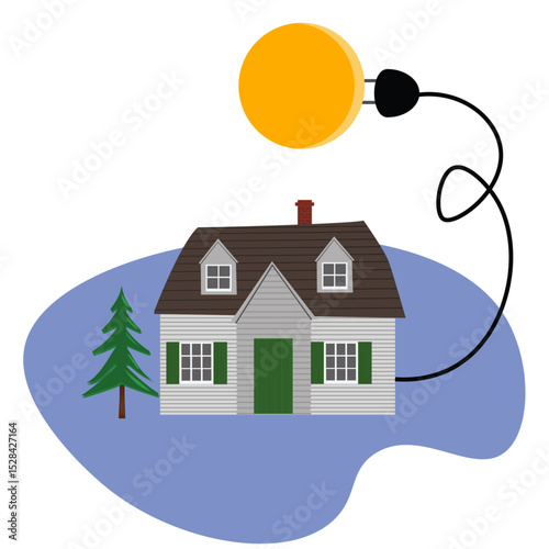 Sun plugged in with electrical cable to the house, free energy concept illustration