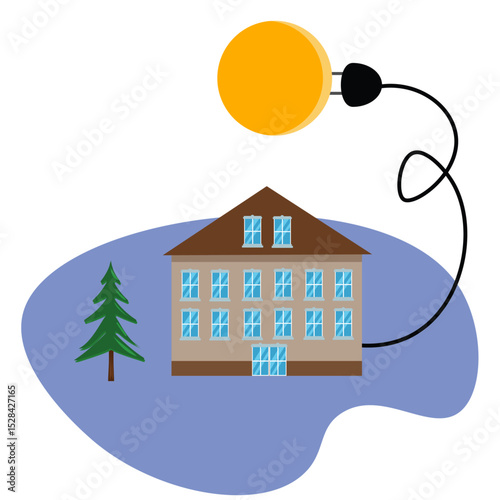 Sun plugged in with electrical cable to the house, free energy concept illustration
