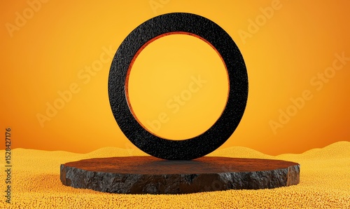 Pixelated Black Ring Floating Above Black Rock Platform With Orange Pebbles Background