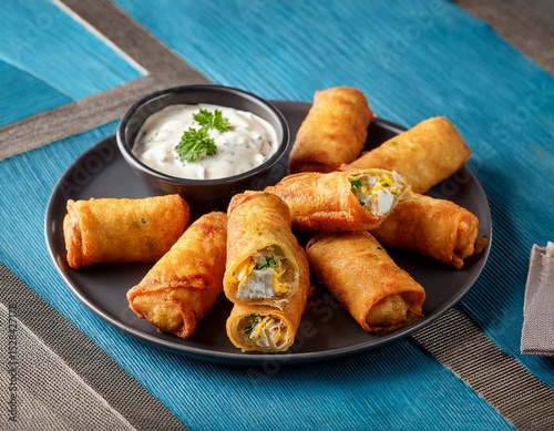 a plate of buffalo chicken egg rolls with blue cheese dip