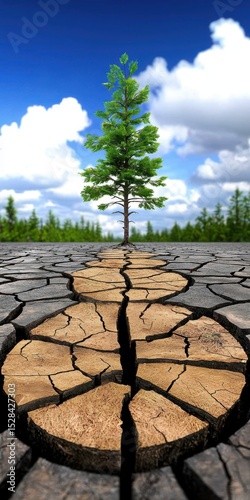 Lonely Tree Sprouts from Cracked Soil Under Blue Sky Hope for a Green Future