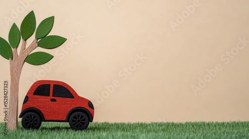 Red Miniature Car Parked Beside Green Tree on Beige Background
