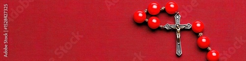 Red Rosary Beads and Silver Cross on Textured Red Background