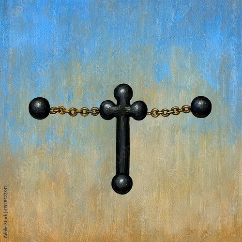 Black Cross Pendant with Gold Chain on Textured Blue and Gold Background