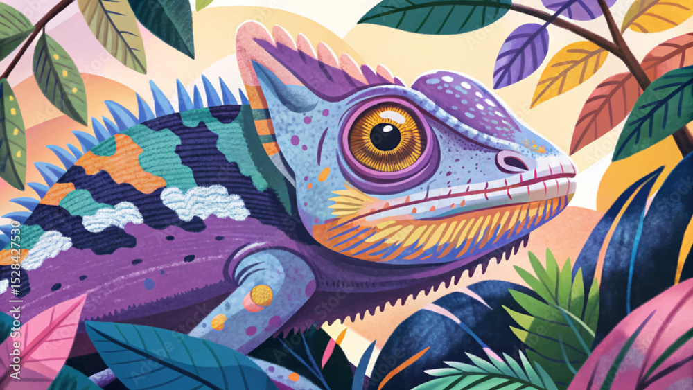 Fototapeta premium Vector illustration of a chameleon camouflaging among vibrant jungle leaves ideal for wildlife themes, tropical design, nature education, and exotic animal art