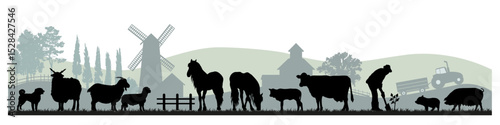 Domestic animal silhouettes on rural farm landscape background. Vector illustration.	