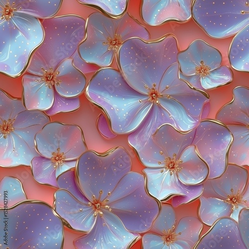 3D rendering seamless pattern of shimmering purple and blue fantasy flowers with golden outlines and sparkling textures on a warm pink background, vibrant and luxurious.
