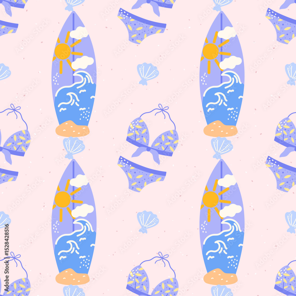 Naklejka premium Seamless pastel vector pattern featuring cute surfboards, tropical beach vibes. Perfect for childrens clothing, wrapping paper, summer-themed textiles