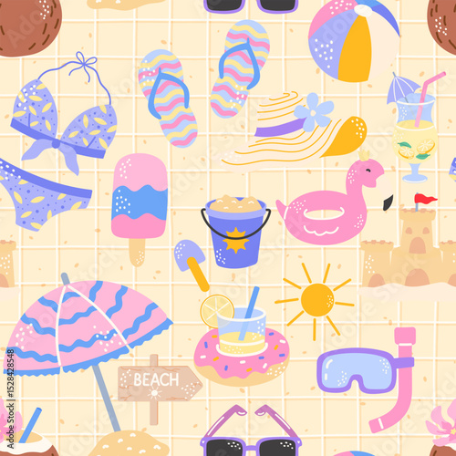 Vector Seamless pastel summer pattern with inflatable rings, beach umbrellas, swimwear, and snorkel gear. Cute hand-drawn vector for kids textiles, wrapping paper, and sunny vacation prints