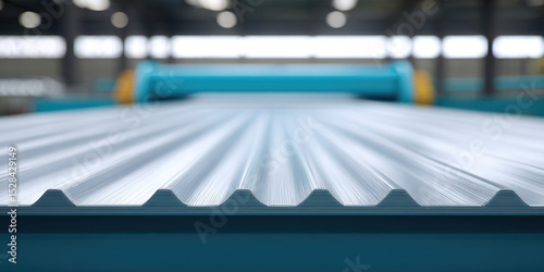 A corrugated metal sheet takes center stage in an industrial setting, highlighted by blurred machinery in the background. Metal, industrial production, technology