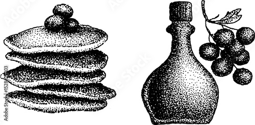 Intricate stippling ink illustration of pancakes and bottle with grape vine – black and white art for print design
