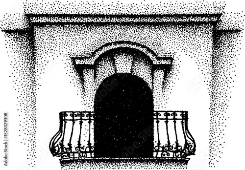 Stippling ink detailed balcony scene with halftone design