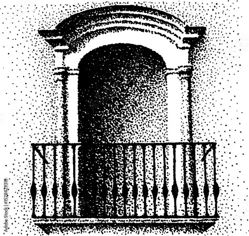 Stippled ink illustration of ornate balcony with archway for architectural design