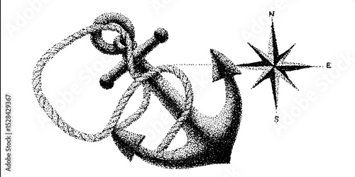 Nautical anchor and compass rose stippling ink art with halftone detailing