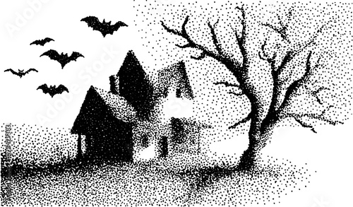 Spooky halloween scene with haunted house and bats in ink stippling