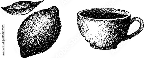 Detailed ink stippling illustration of lemon and teacup for creative artwork