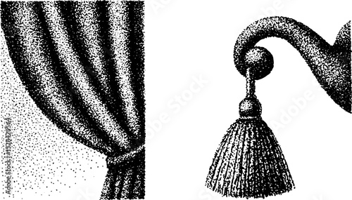Intricate stippling ink artwork featuring detailed halftone curtain and tassel design