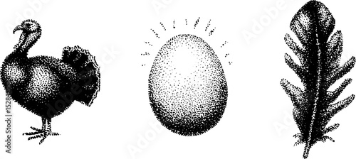Stippling ink halftone art with turkey, egg, and feather