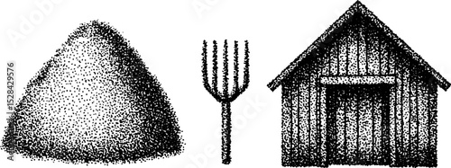Rustic farm scene: detailed stippling illustration of haystack, pitchfork, and barn