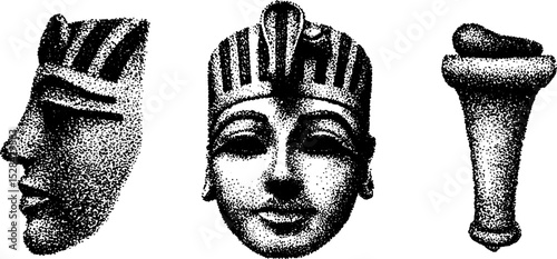 Ancient egyptian stippling ink art with pharaoh mask and artifact