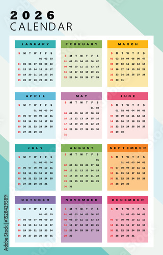 2026 Calendar with Monthly Views. A colorful and organized 2026 calendar, with each month displayed in a separate box.