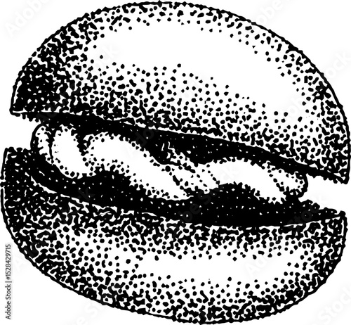 Hyper detailed stippling ink illustration of a burger with sesame bun