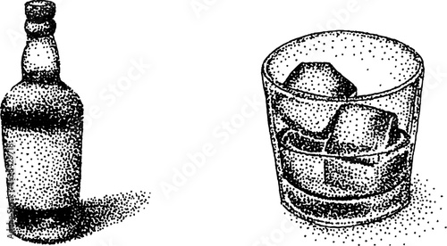 Stippling ink detailed illustration of bottle and glass with ice cubes
