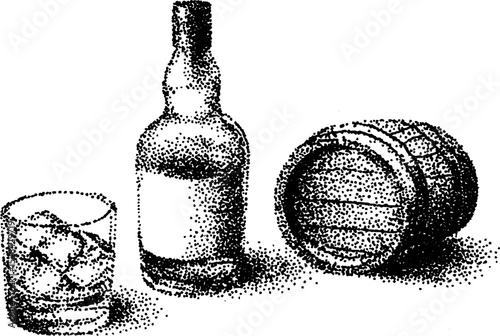 Hyper detailed ink stippling illustration of whiskey bottle, glass, and barrel