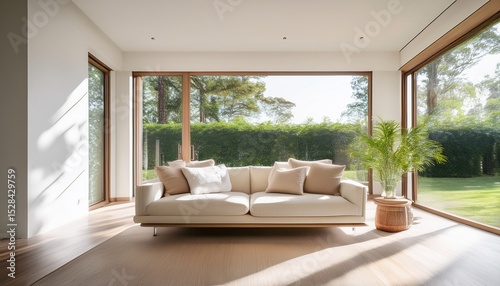 a bright minimalist living room with white sofa beige pillows and sunlight streaming through sliding glass doors to greenery