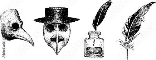 Vintage plague doctor mask and quill ink set in stippled halftone design for artistic prints